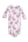 Baby onesie with pink floral pattern on a white background