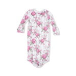 Baby onesie with pink floral pattern on a white background