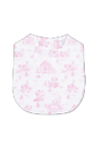 Baby bib with pink floral pattern on a white background