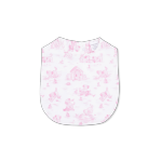 Baby bib with pink floral pattern on a white background