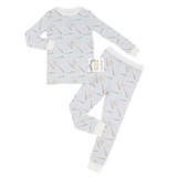 Children's pajama set with long-sleeve top and pants on a white background