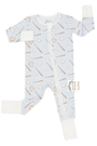 Baby onesie with pattern and brand logo on a white background