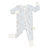 Baby onesie with pattern and brand logo on a white background