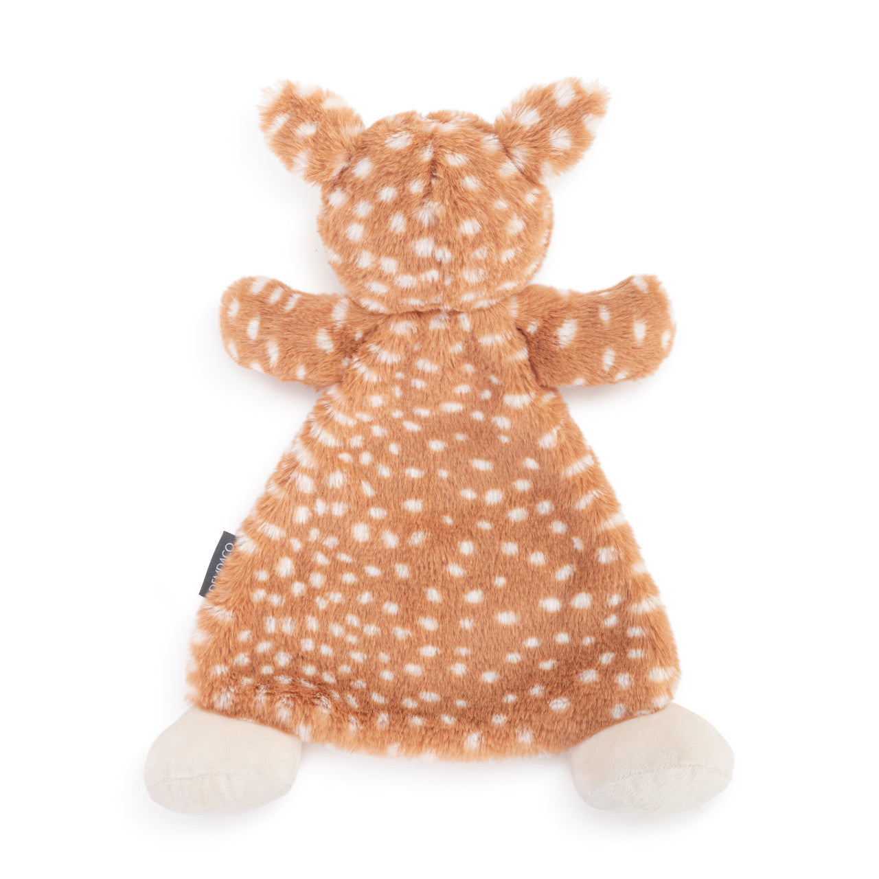 Plush toy deer with brown and white pattern on a white background