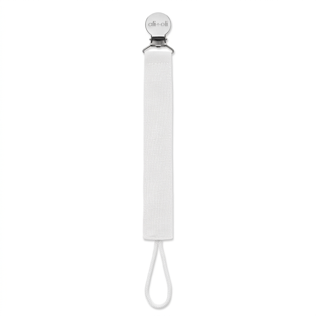White linen pacifier clip with metal clamp and white loop cord