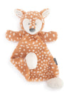 Plush deer toy with white spots on a white background