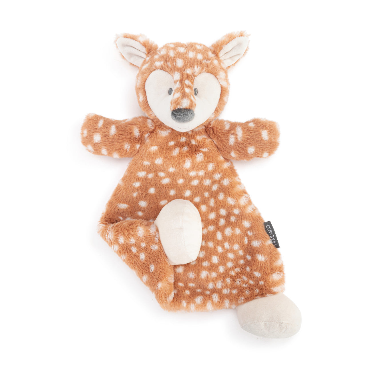 Plush deer toy with white spots on a white background