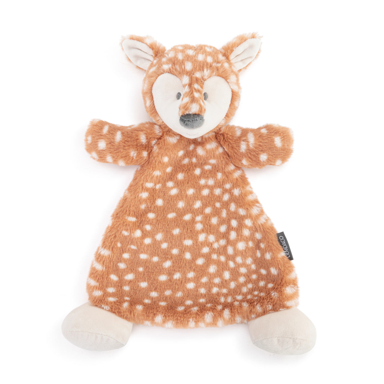 Plush deer toy with white spots on a white background